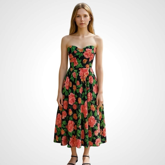 HOLLY SHARP Vintage 80s Floral Strapless MIDI Dress Full Circle Skirt Size Small - Picture 2 of 14